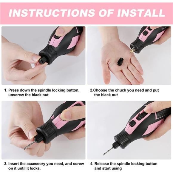 Pink 12V Cordless Rotary Tool Kit, 5 Variable Speeds, Powerful Engraver, Sander - Picture 6 of 6